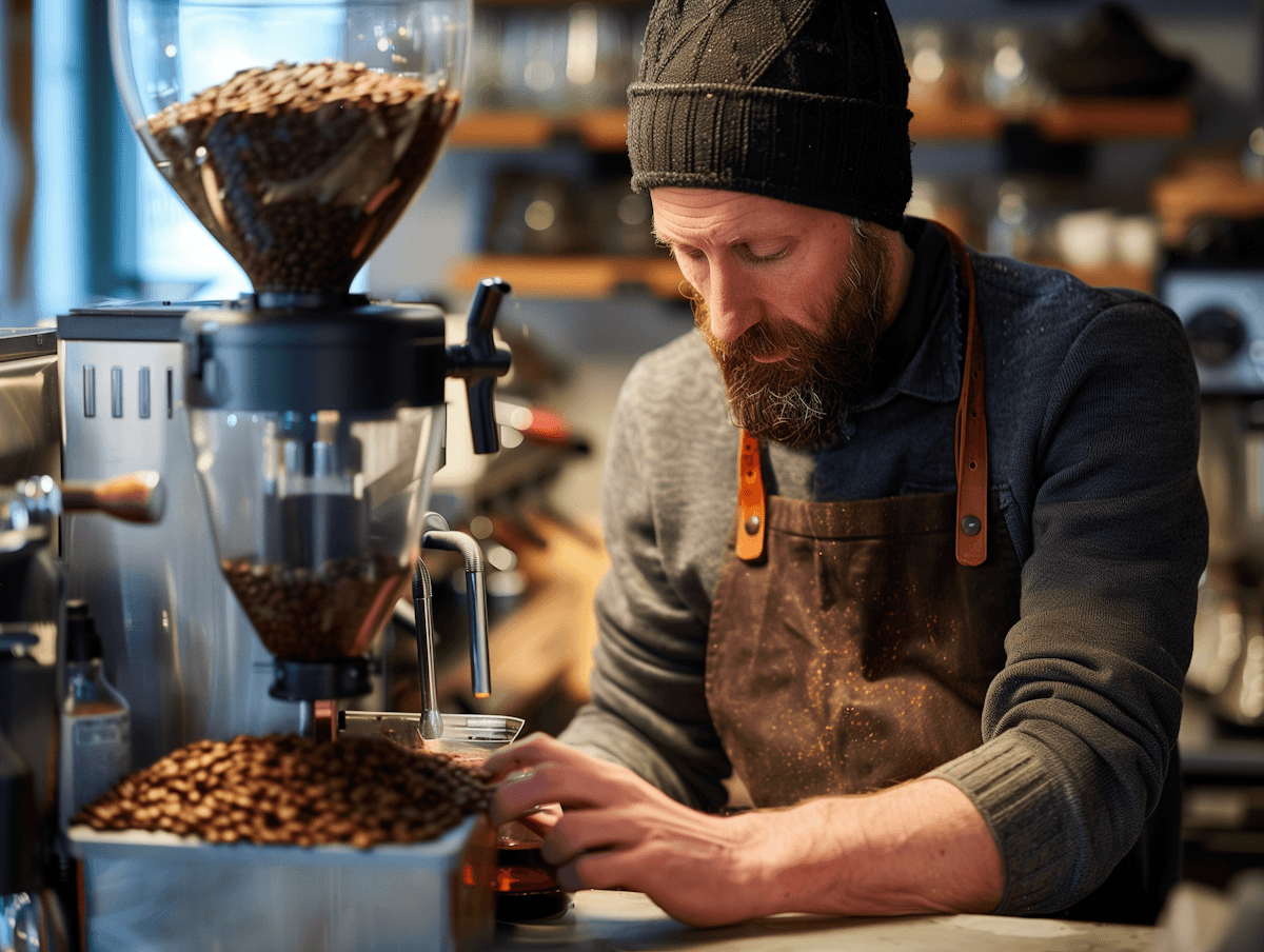 Barista using coffee bean grinder