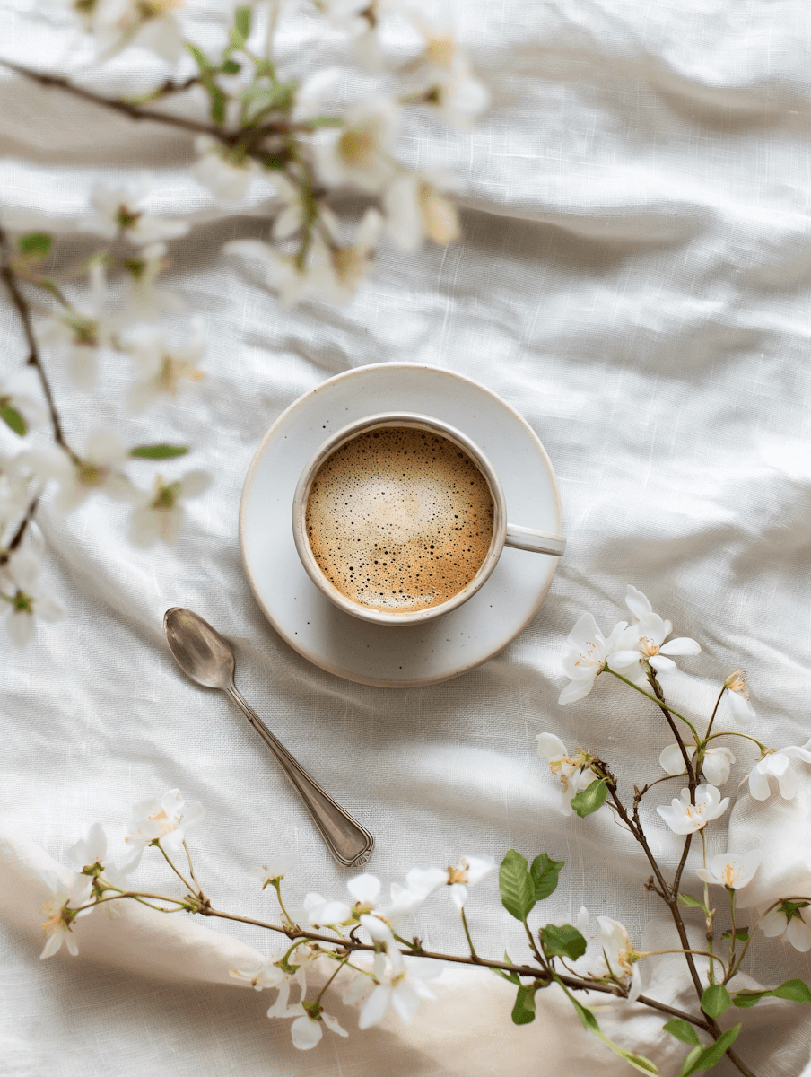 Coffee cup with white flowers