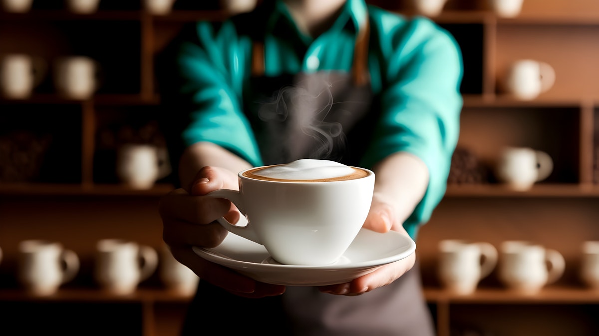 Barista serving fresh hot cappuccino